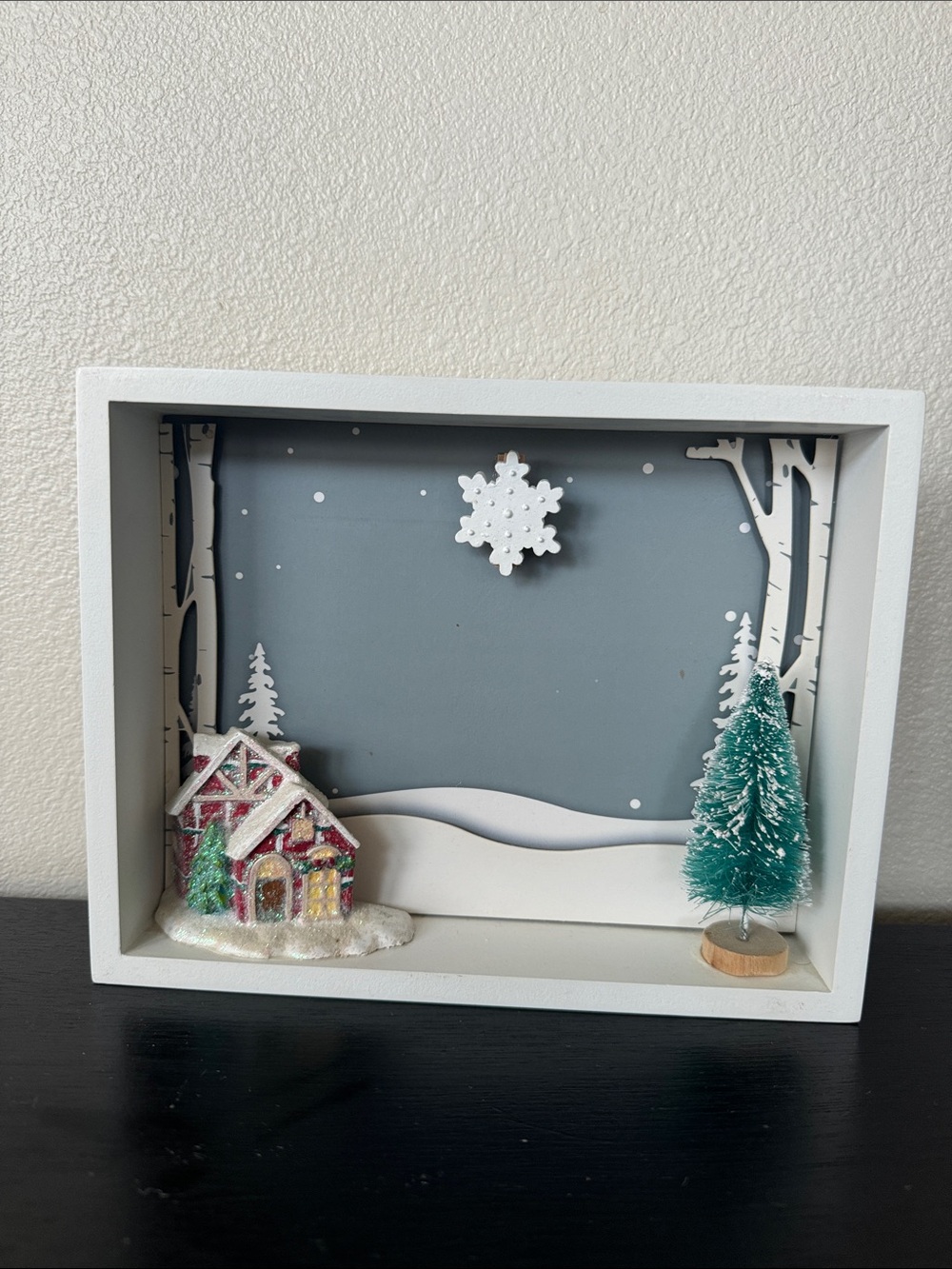 Holiday Snowy Village Shadow Box - White Frame with Green Tree